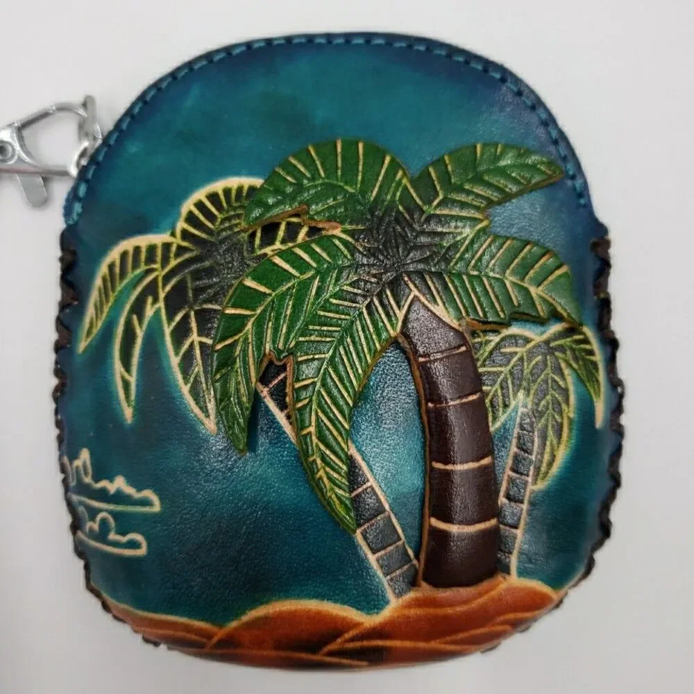 Tropical Palm Tree Wristlet Gift Card Holder Handmade Leather Surfer Mini Purse